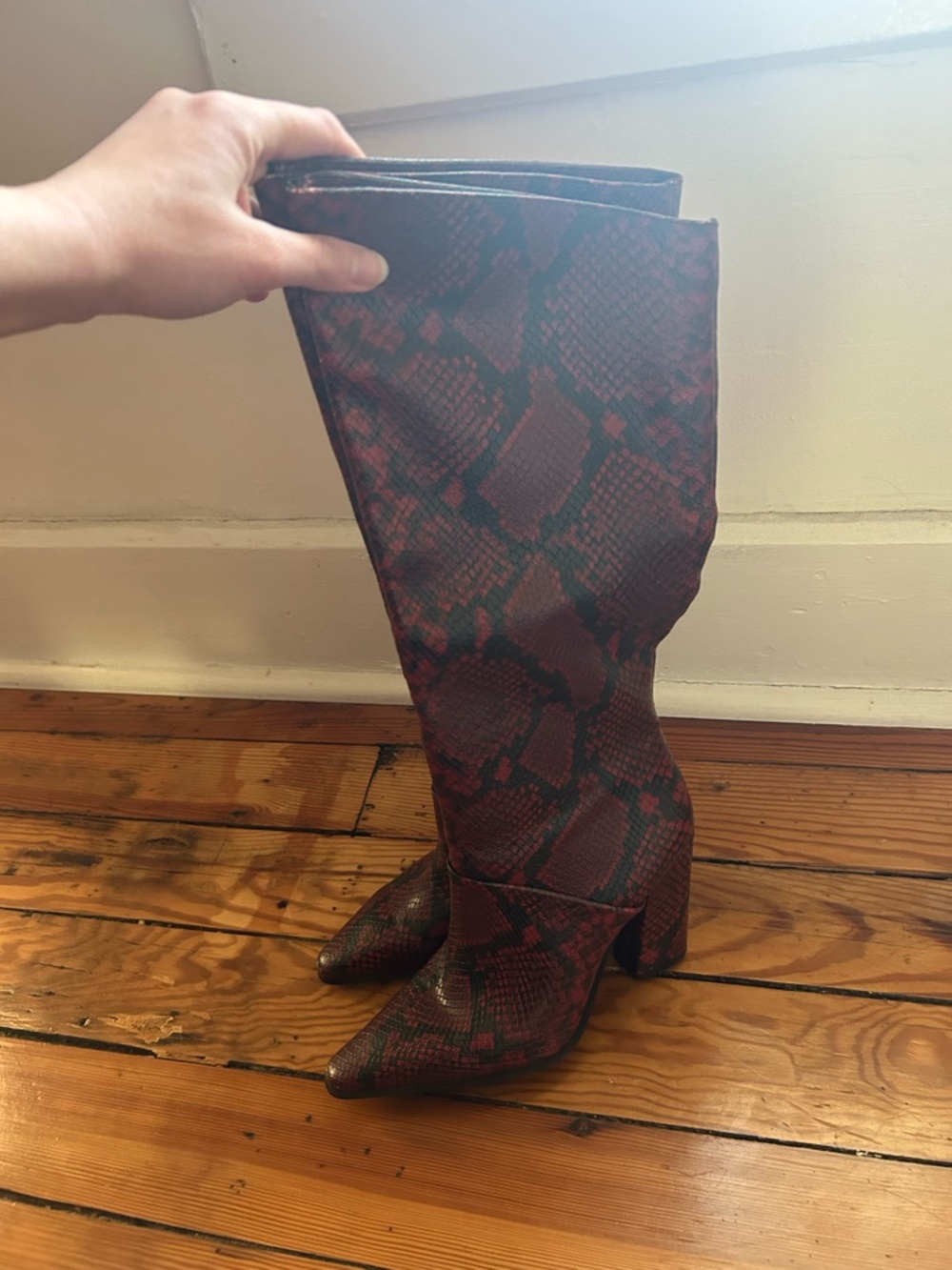 Women's Red Snakeskin Knee-High Boots